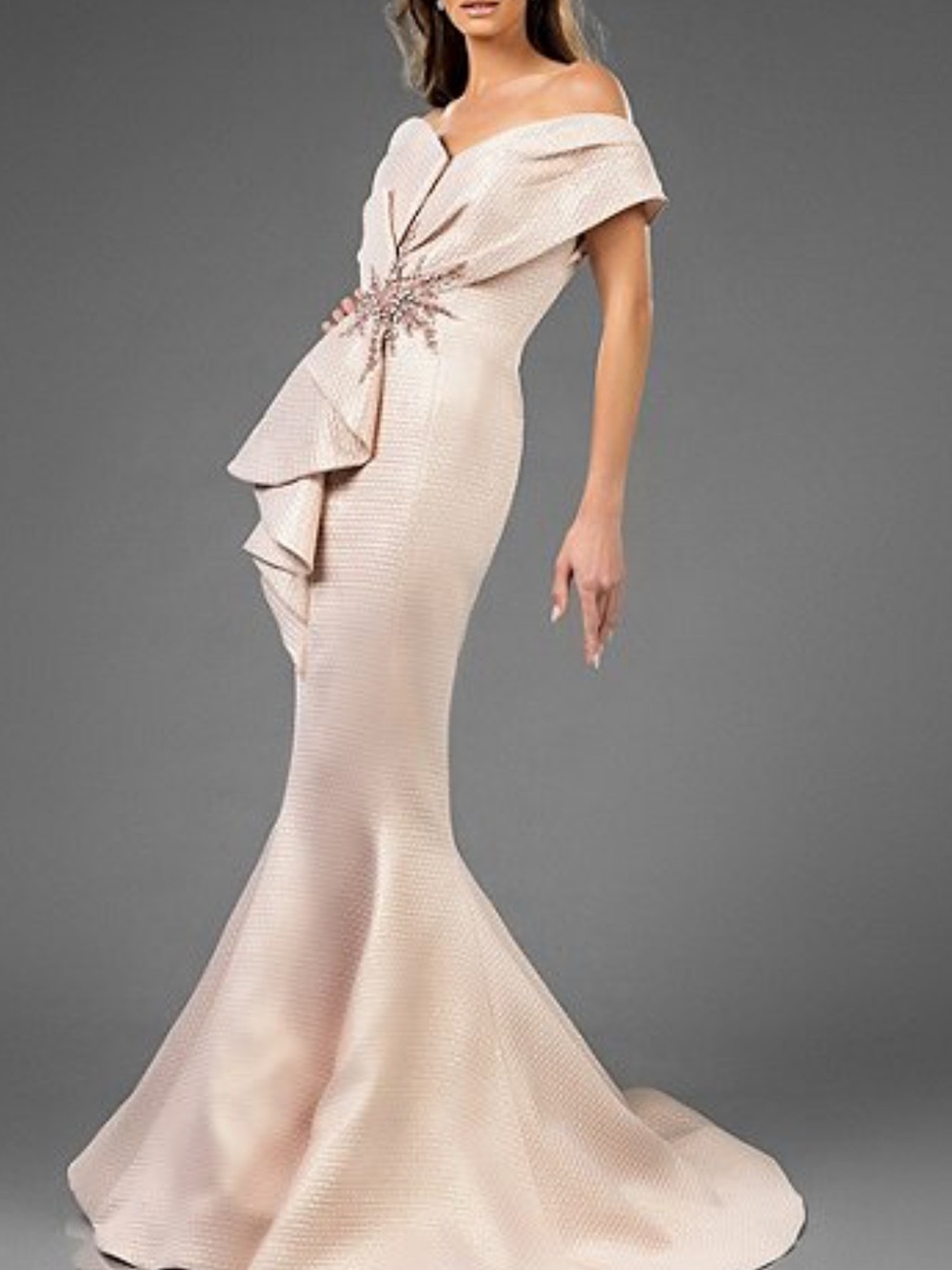 Terani Couture Blush Off-Shoulder Mermaid Gown with Crystal Starburst